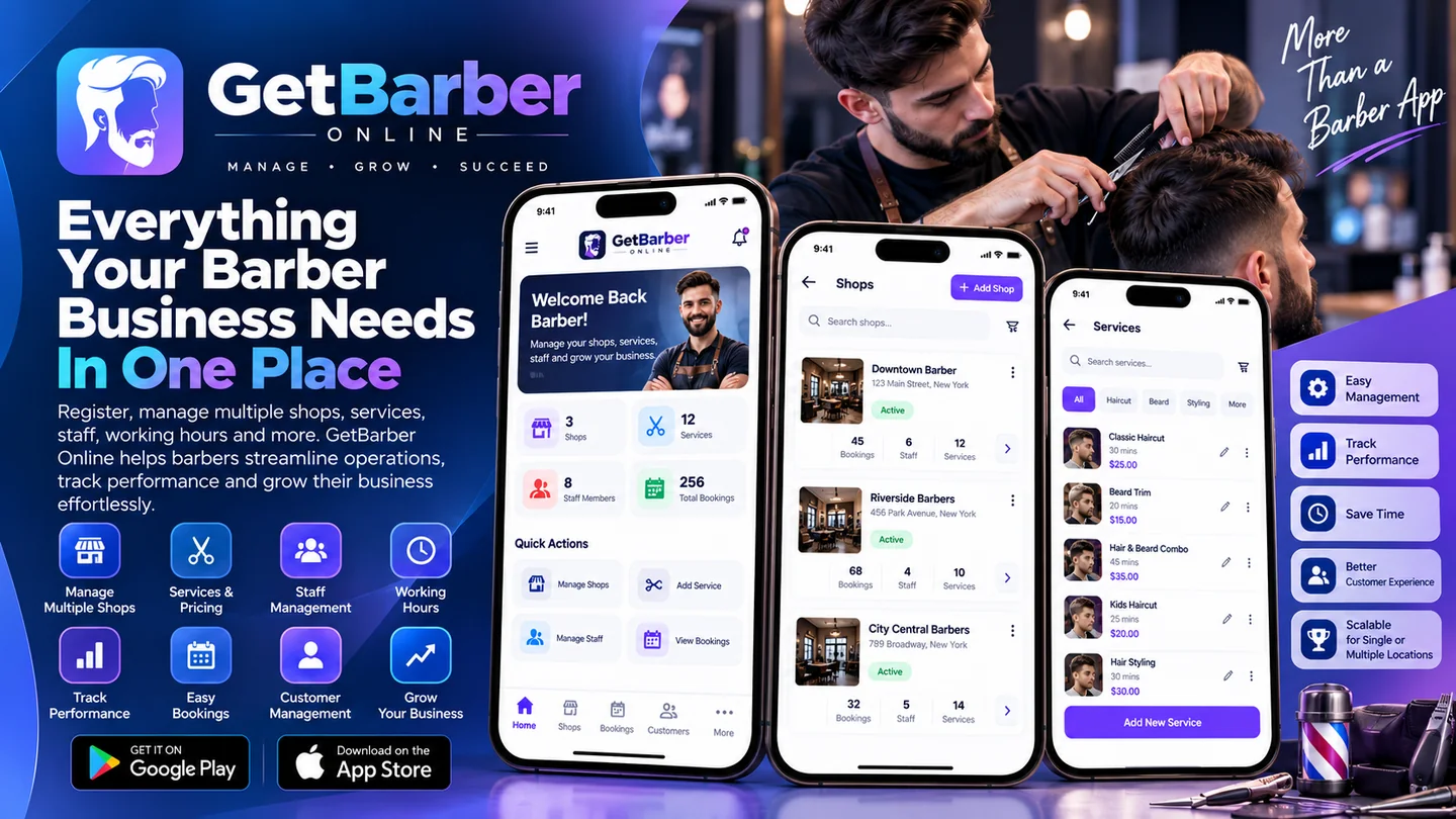 GetBarber Online promotional banner showing the mobile application